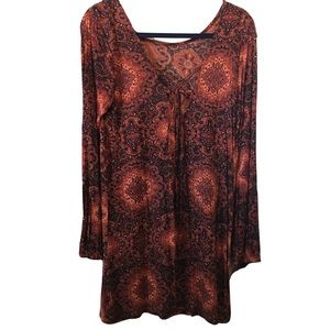 Billabong Short Sexy Lace-Up Dress, Paisley Burnt Sienna, Elastic Sleeves M-L